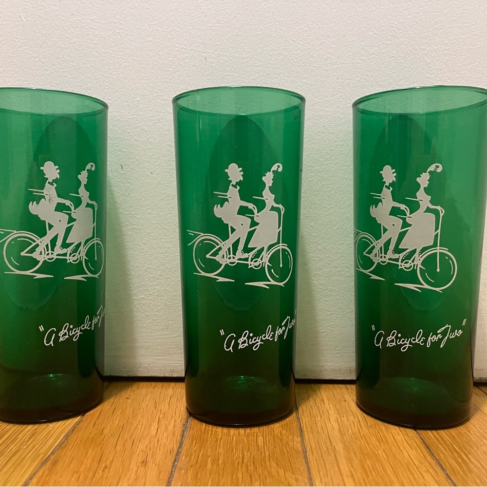 Set of 3 Green “ A Bicycle for Two” tandem bike Print Glasses